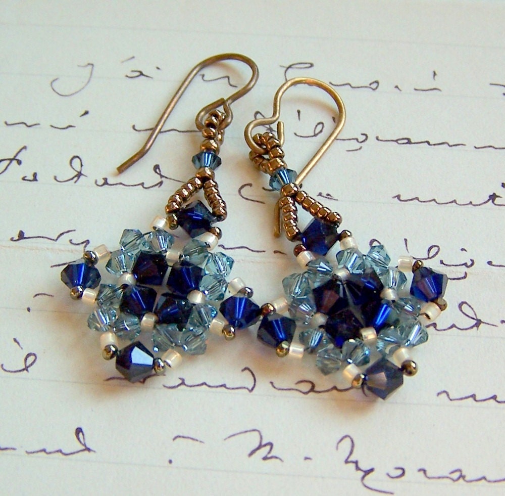 Diamond Drop Sapphire Blue Crystal Earrings - Swarovski Crystal Earrings, Bead Woven Earrings