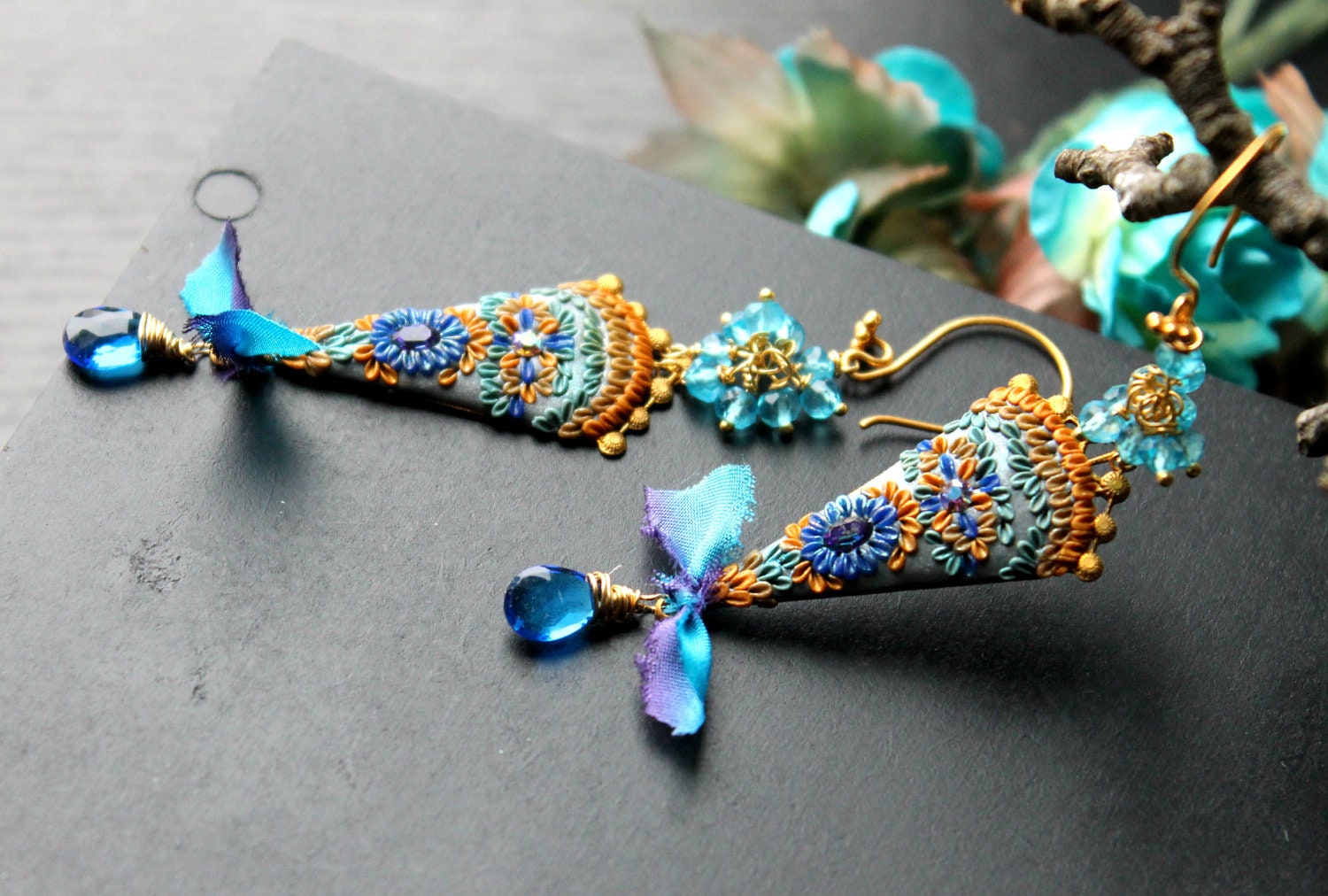 Silk ribbon, Blue Topaz gemstones, deep vivid sparkly blue quartz earrings vintage filigree clay floral gold earrings - Dancing in the Rain