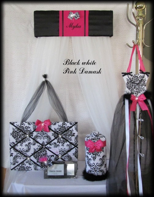 Bed Canopy Crown Designer Hair bow Headband Accessory Memo Note Photo Frame Complete Bedroom 5 pc set  Black pink Polka dot DAMASK SaLE