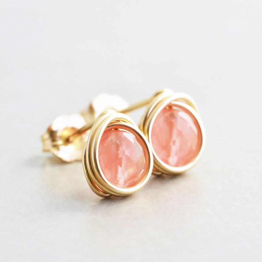 Cherry Quartz Post Earrings, Pink Salmon Studs, Bridesmaid Earrings