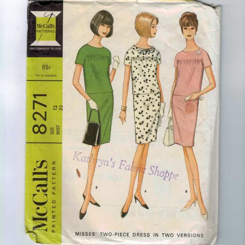 1960s Vintage Sewing Pattern McCalls 8271 Two Piece Shirred Dress Size 12 Bust 32 B32 1968 60s