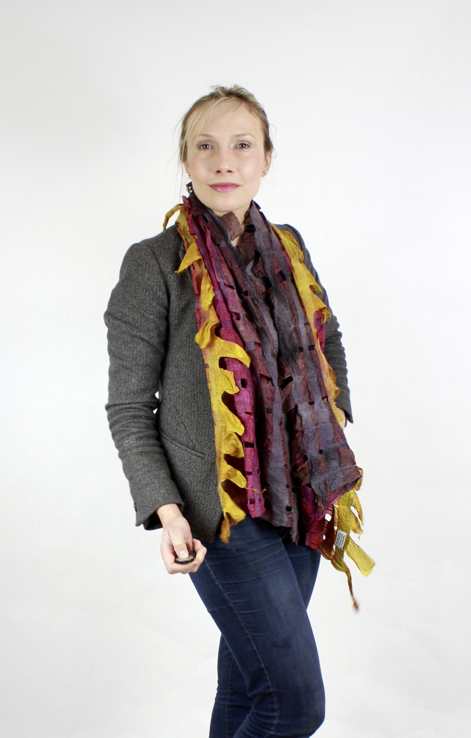 REDUCED  Wool silk felted scarf felt scarf ribbons woven textile burgundy, brown orange