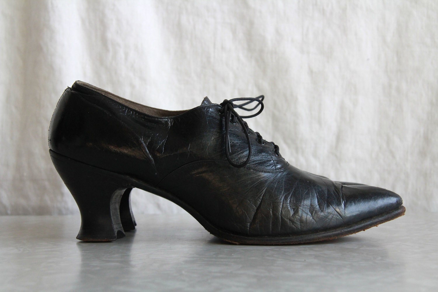 Antique 1910s Shoes . Edwardian Black Leather . WITCH SHOE . Pointed Toe . Vintage Footwear. Low Mileage - VeraVague