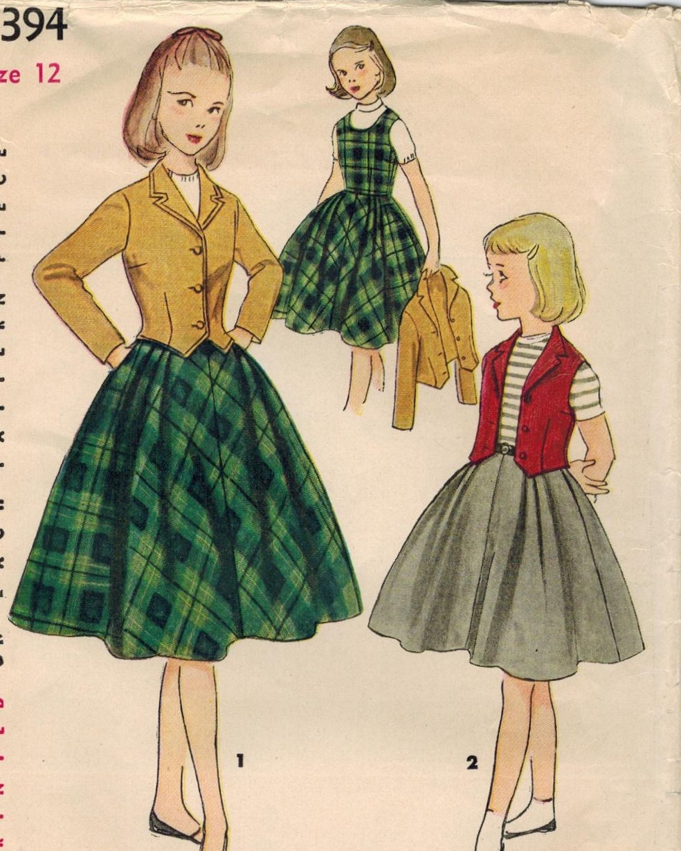 1950s Simplicity 4394 Vintage Sewing Pattern Girls' Jumper, Jacket, Weskit, and Skirt Size 12
