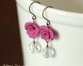 Magenta Rose Earrings, Vintage Glass, Sterling Silver, Handformed Clay Rose, Flower Floral Earrings - Ready to Ship