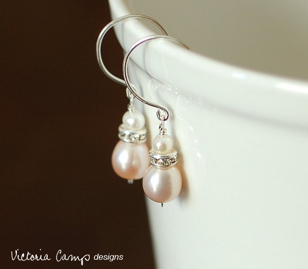 Pink and White Pearl Rhinestone Wedding Earrings, Sterling Silver, Bridal Jewelry, Freshwater Pearls, Pearl Earrings
