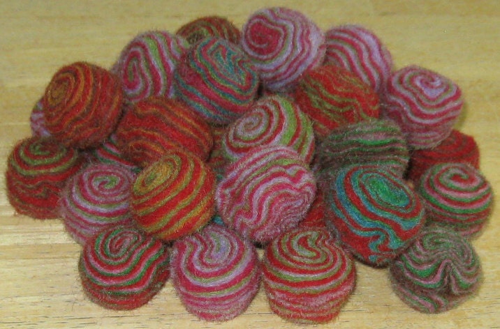 35 Felted Wool Beads, 2 to 3 cm, Colorful Spirals, Fair Trade