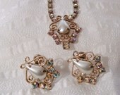 1950s Vintage Necklace Earrings Set / AB Rhinestones / Pearl / Screwback goldtone