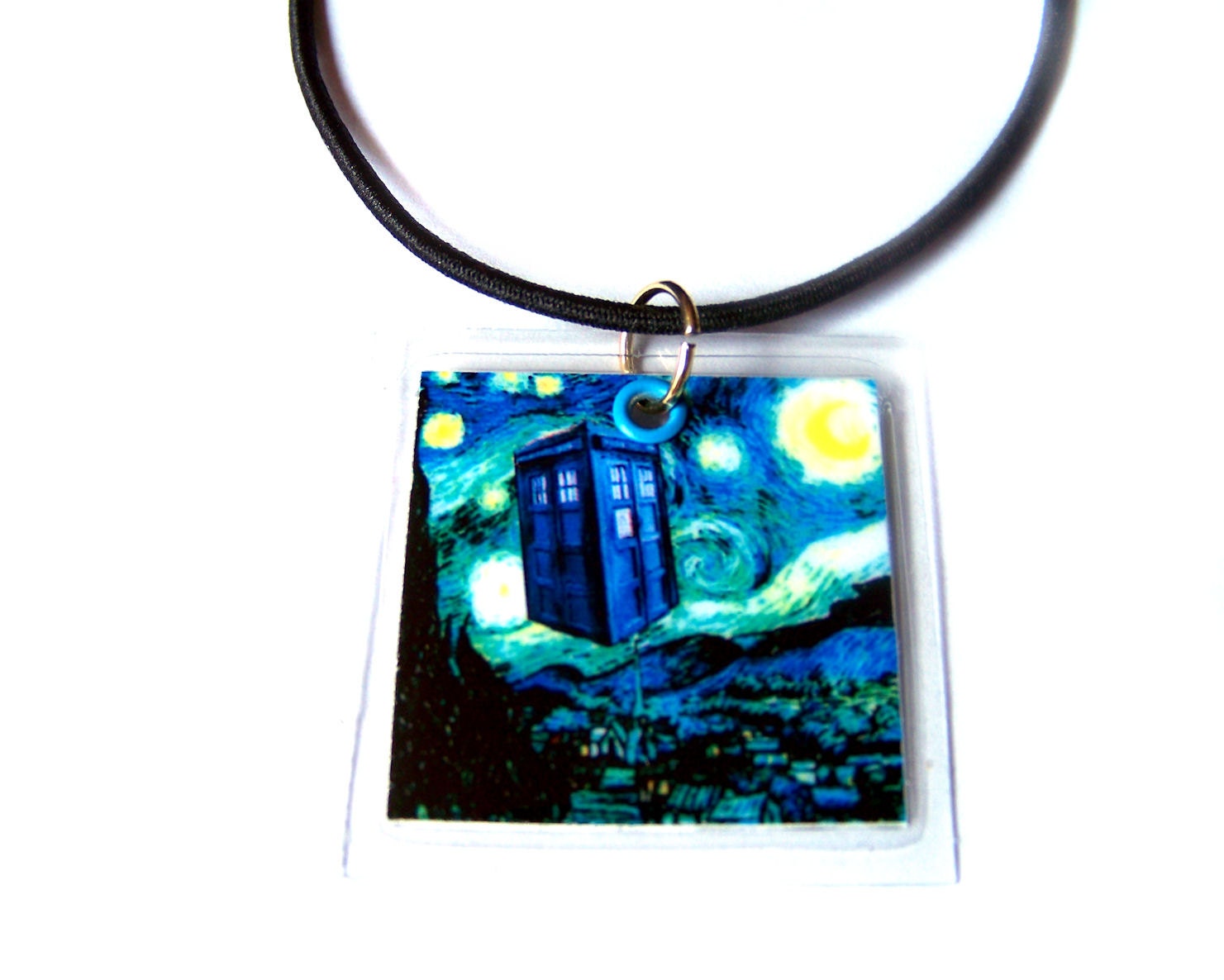 Police Box on Van Gogh's Starry Night, Handmade Necklace, Paper & Plastic Jewelry by BohoBear
