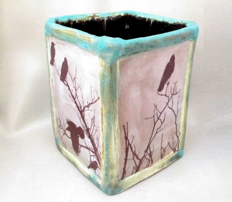 Art Vessel Ceramic Crow Pot - Square Stoneware Crow Raven Caddy, Utensil Holder - SALE