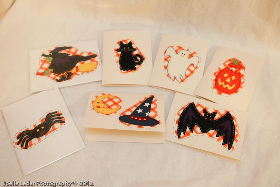 SET of Blank Note Cards - Halloween "Bat, Hat & Cat" design - 6-pack, blank inside, cards and envelopes, assorted fabric design