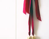 Geometric Beaded Silk Ribbon Necklace in Maroon & Metallic Gold.