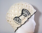 cotton crochet cloche cream with black and white bow