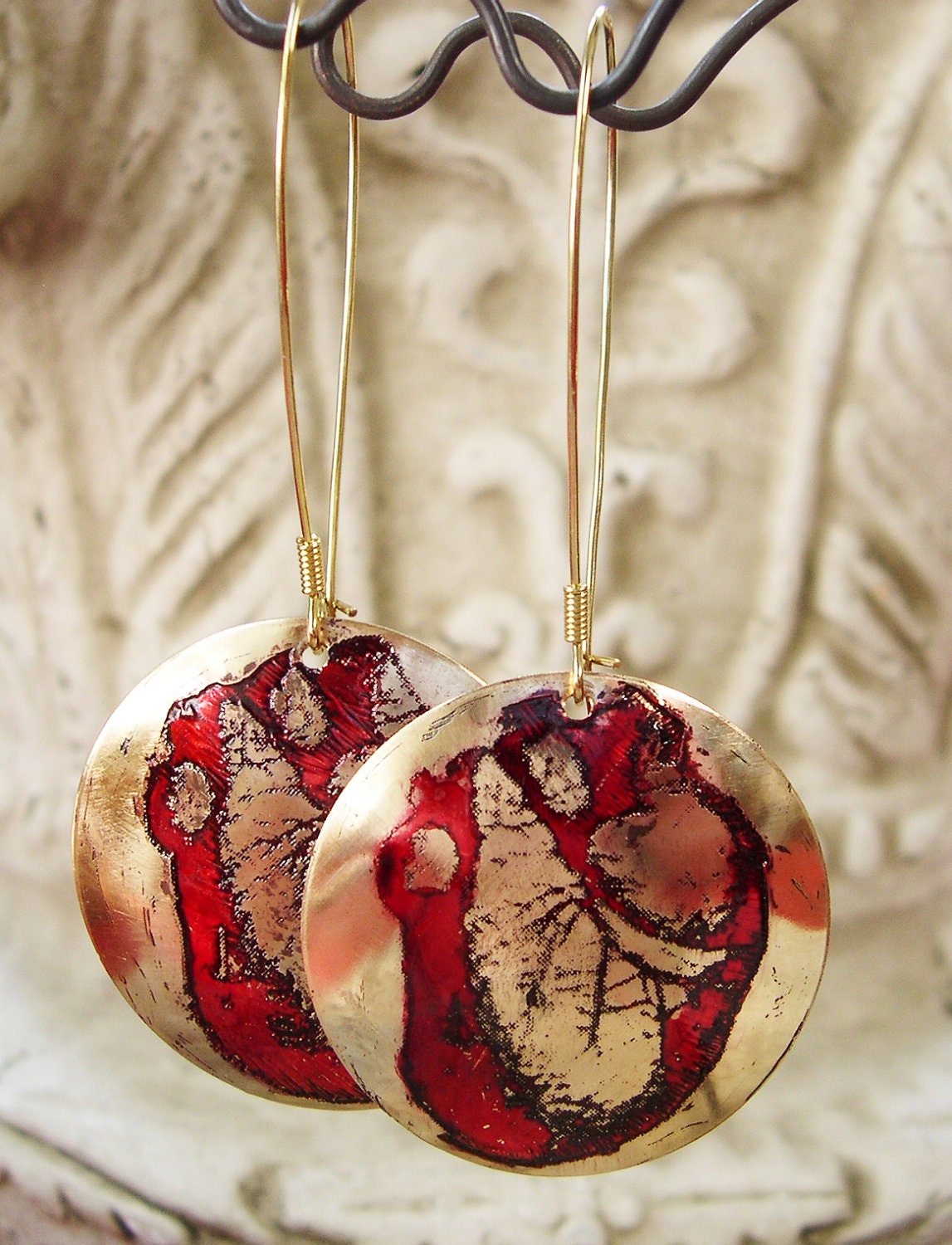 Heart Earrings Hand Painted Etched Brass Halloween
