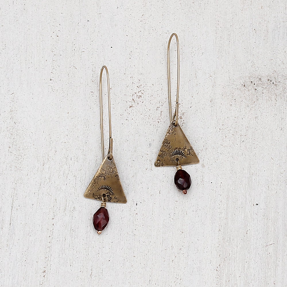 Triangle and Faceted Garnet Rustic Geometric Earrings with Southwest Tribal Design