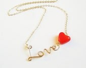 Gold Love Necklace with Red Glass Heart