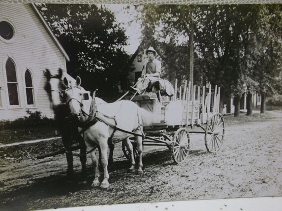 Large Horses Pulling Man on His Old Wagon Past by debsatticfinds
