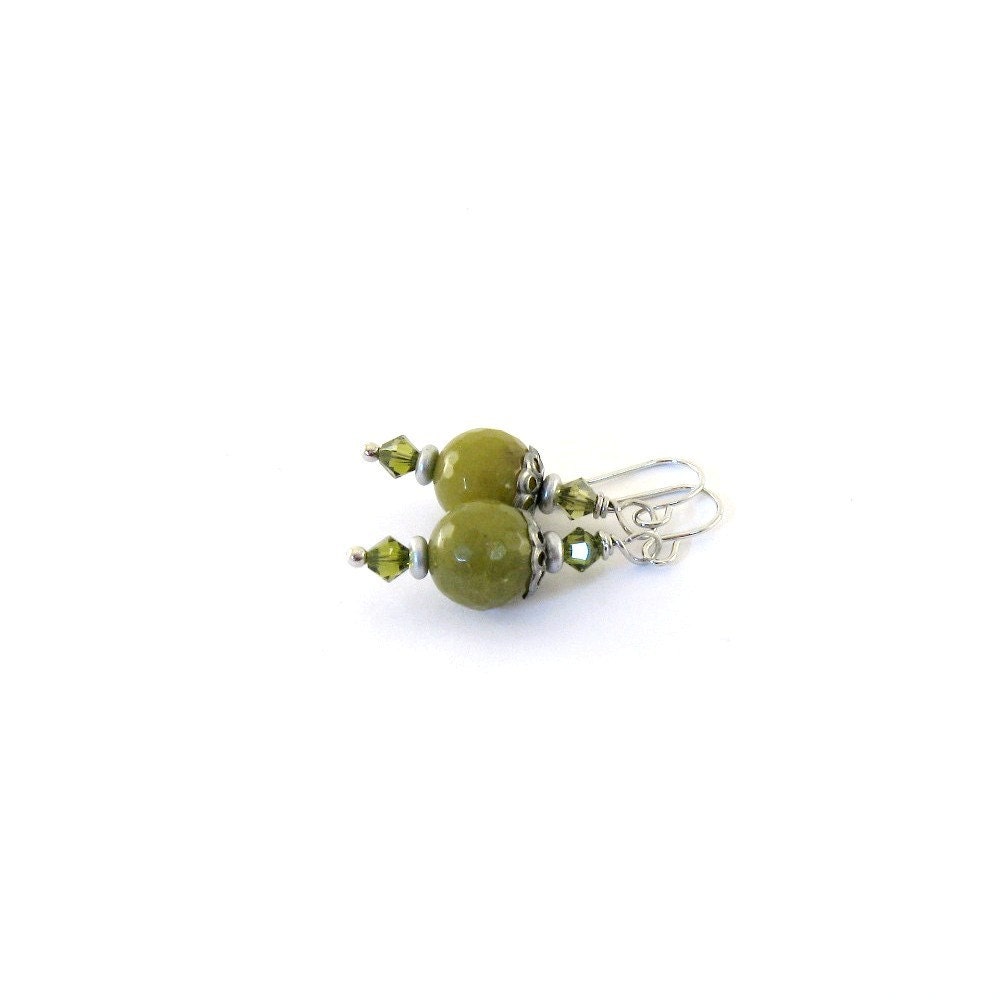 Chartreuse Faceted Earrings Swarovski Olivine Crystals Silver Wire Wrapped Dangle Wire