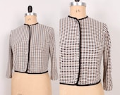 35% OFF 1960s Cropped Jersey Jacket / Houndstooth Plaid Knit Cardigan - Womens L / XL - Handmade Button Up Cropped Sleeve 60s Mod Camel Bla