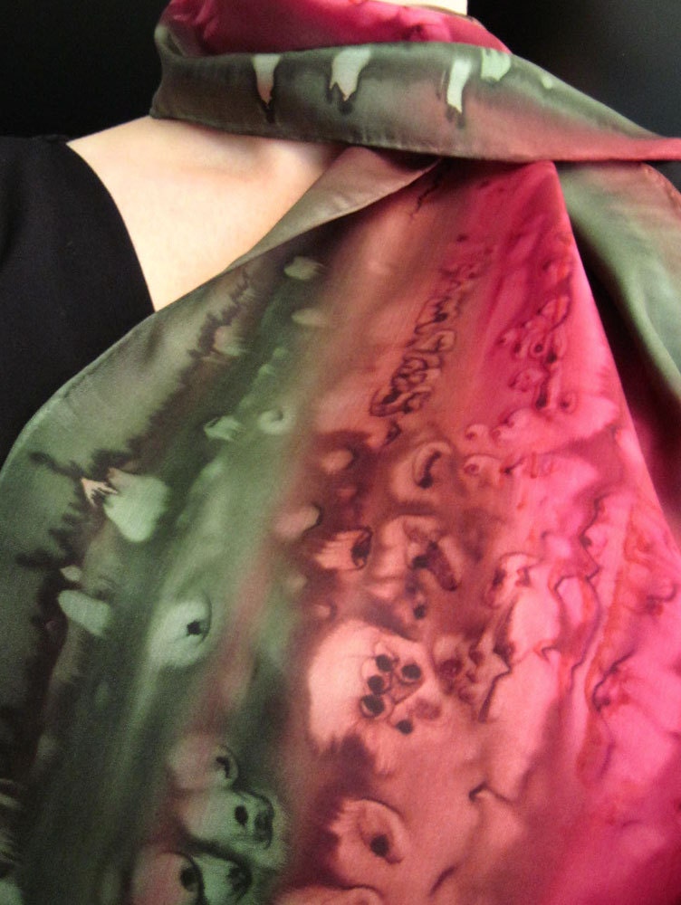 Hand Painted Silk Scarf in Olive, Red and Brown