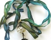 Yellow Green Ribbon Necklace - Handblown Hollow Lampwork - Leaf - Autumn - Fall - Jenniflair original