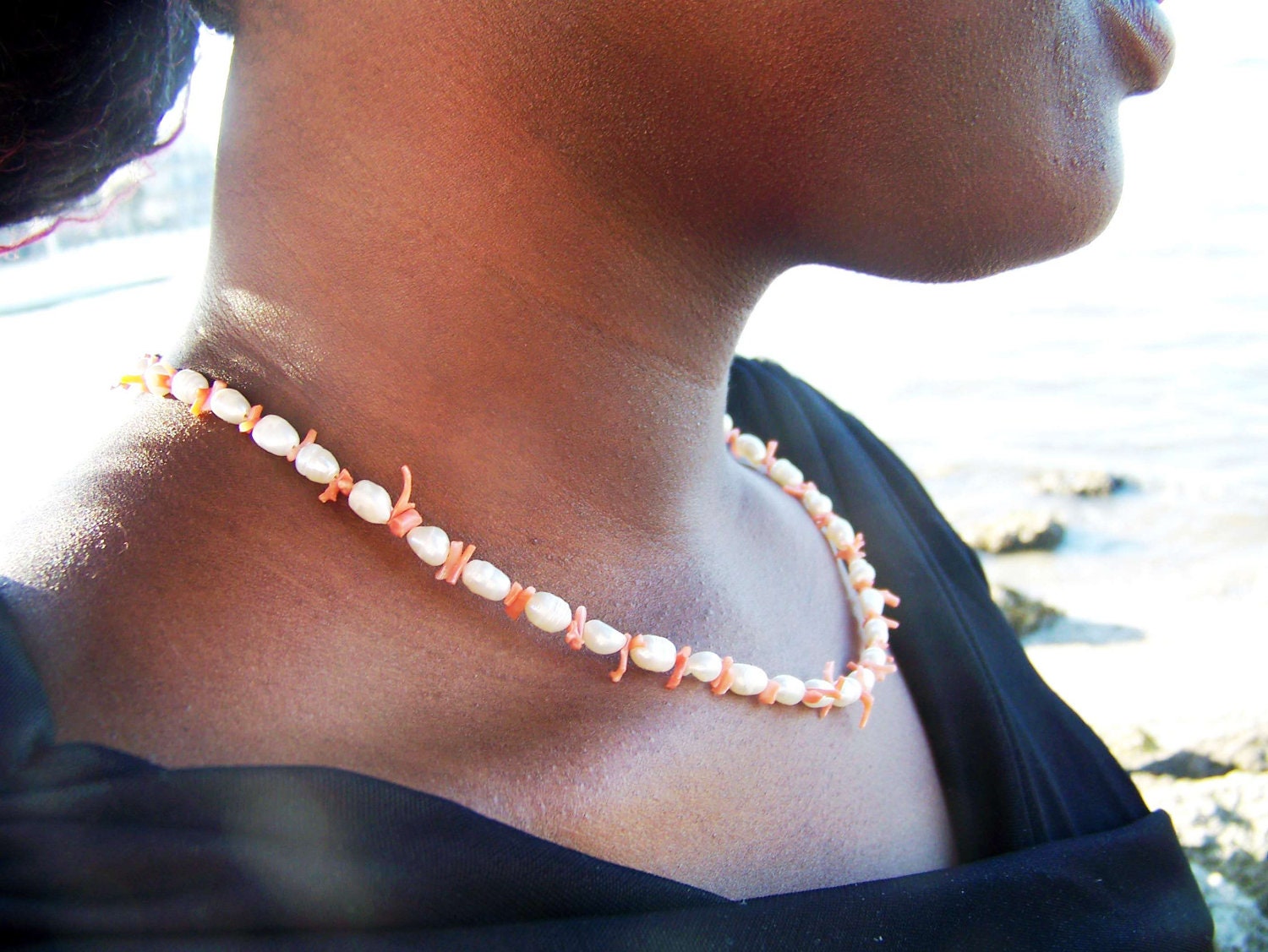 Coral Pearl Necklace Sterling Silver Pink White Handmade Beachy Unique Fine Jewelry Simple Minimalistist Vixen Design Studio on Etsy