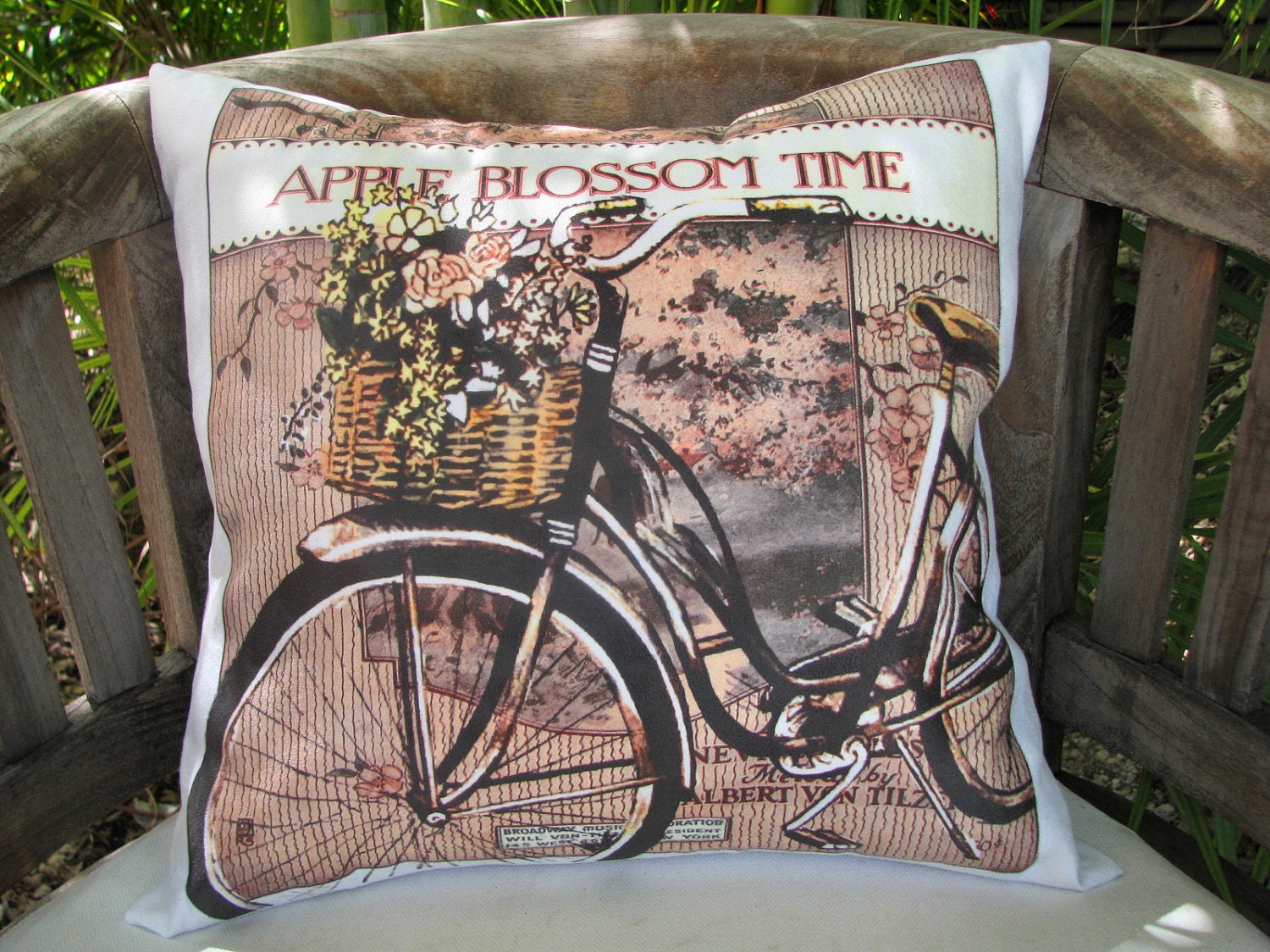 17x17 Vintage Bicycle Pillow Cover Microsuede - pink and black bicycle with flower basket