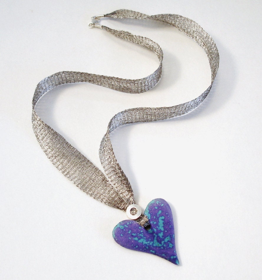 Porcelain Heart Necklace Valentine's Day gift Fashion Wedding bridesmaids gift blue purple modern minimalist silver mesh Holiday Gift