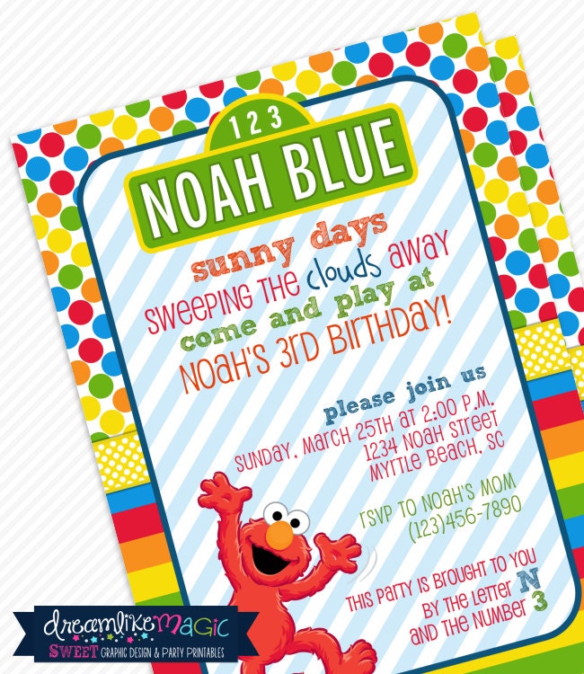 Printable Party Invitation-Elmo with Colorful Dots and Stripes Il_570xn