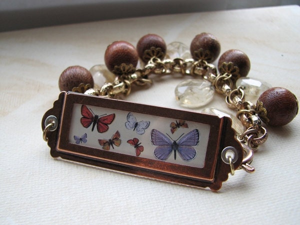 Butterfly Bracelet Beaded Wood Glass