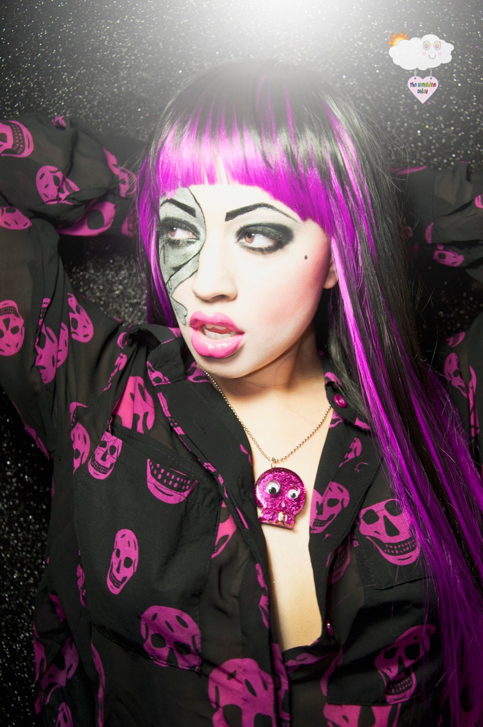 Gold Tooth Googly Eyes Glam Skull Purple Glitter Resin Necklace