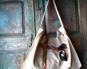 Handmade Large Camel or Khaki  Leather Bag with Vintage Italian Silk Accents