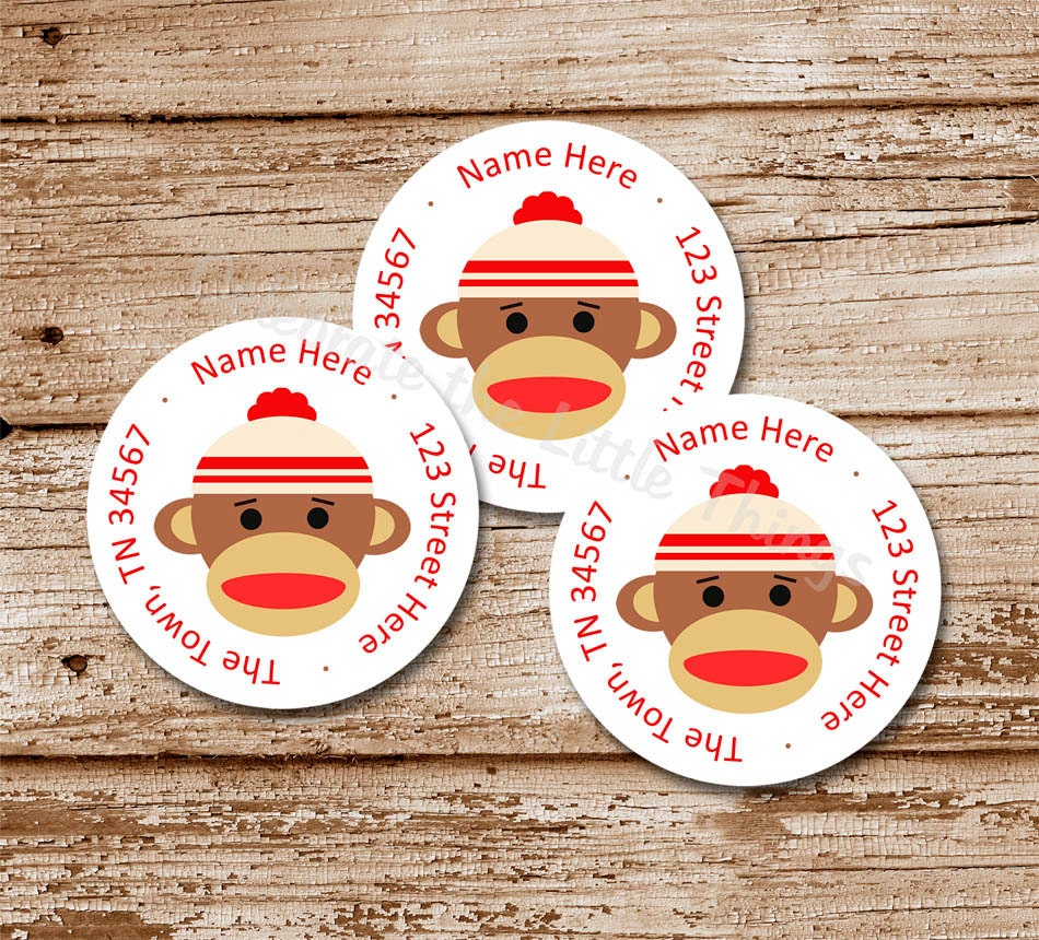 SET of 20 SOCK MONKEY Return Address Labels, Stickers Il_570xn