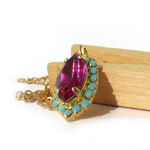Crystal Fuchsia & turquoise  pendant, gold necklace, 14k gold filled chain, real swarovski rhinestones, marquise shape
