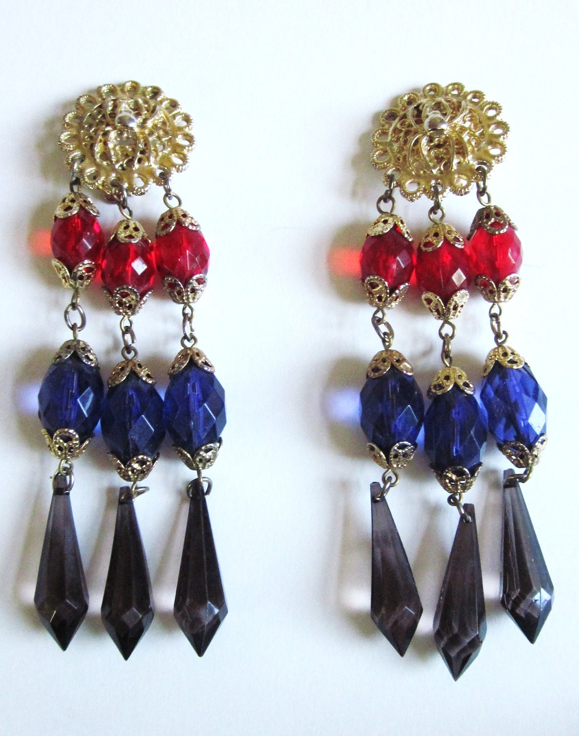 Olympic Gold-Tone Clip Ons-Statement Earrings-Dangle Earrings-Gypsy Earrings-Boho-Hippie-Clip On Earrings-Red-saphire blue-black-gold tone