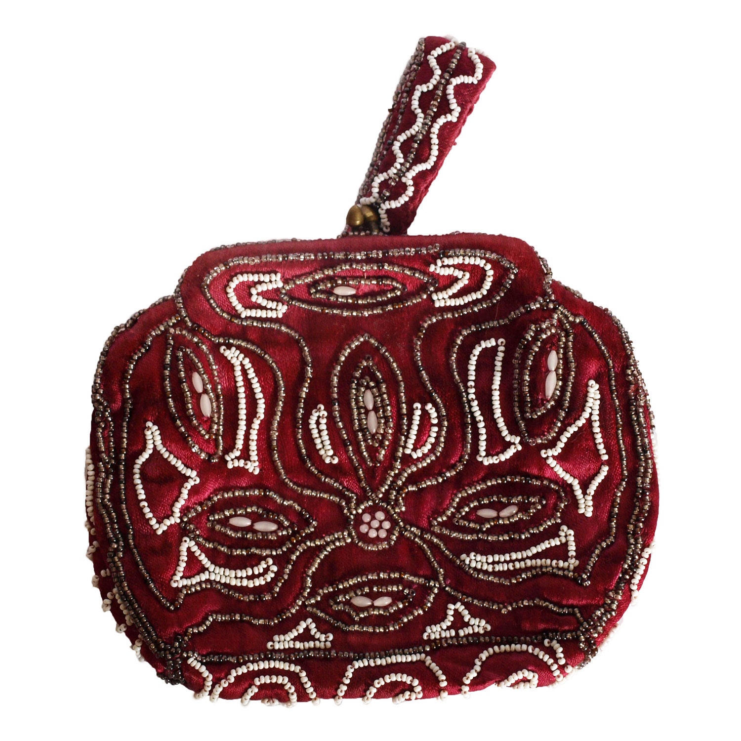 Vintage 20s burgundy red velvet heavily beaded art deco dangle purse clutch with wrist strap