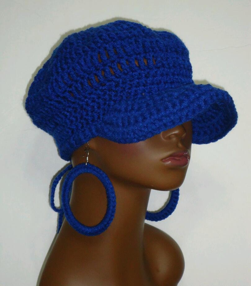 Royal Blue Crochet Snug Cap and Earrings with Drawstring