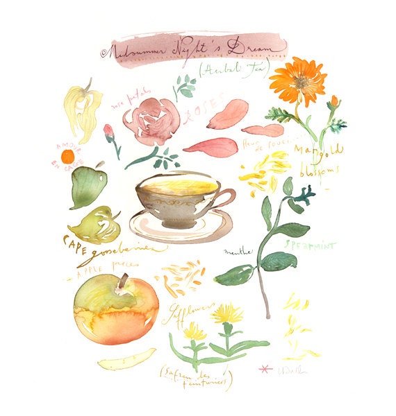 Midsummer night's dream tea, Original watercolor painting, tea, floral, exotic fragrance, Home and garden, Kitchen art