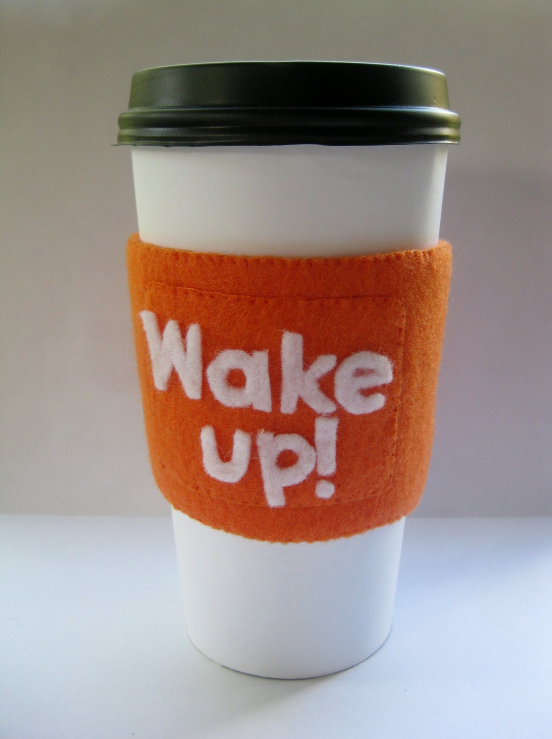 Felt Cup Sleeve - WAKE UP - in Orange and White