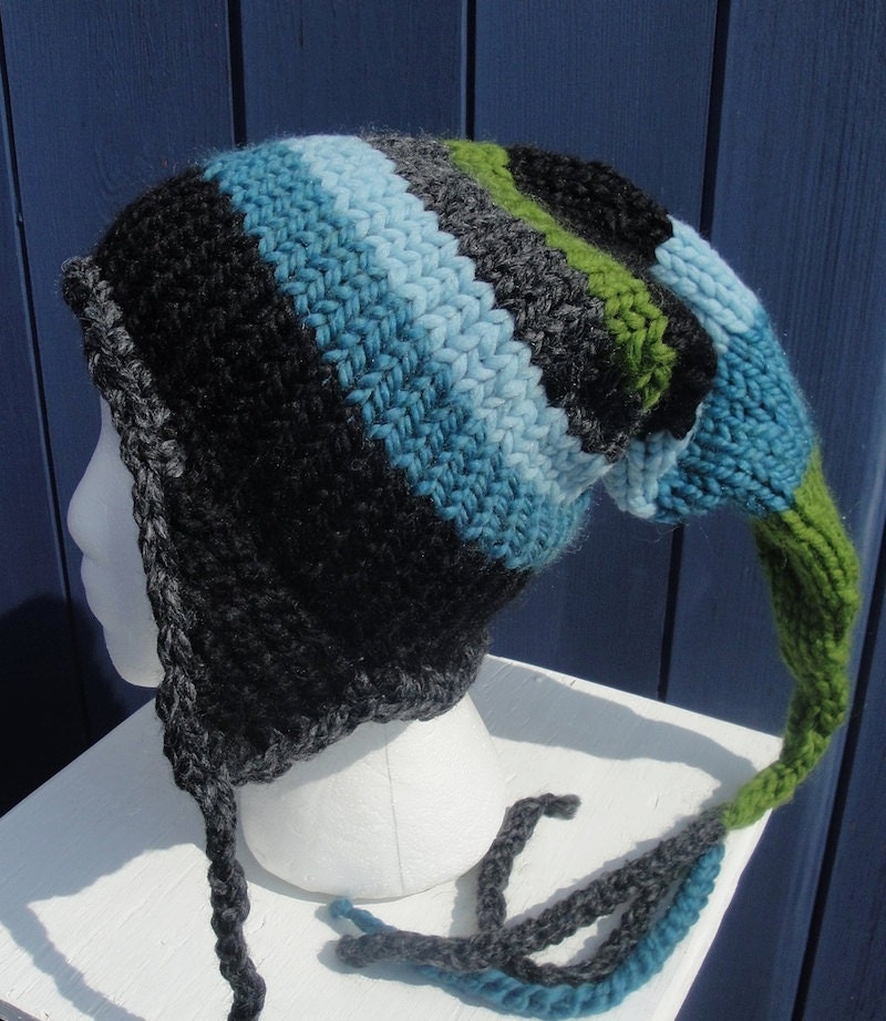 ICY MINT CHIP. Warm Winter Stocking Cap with Ear Flaps & Pointy Top. Unisex Style.