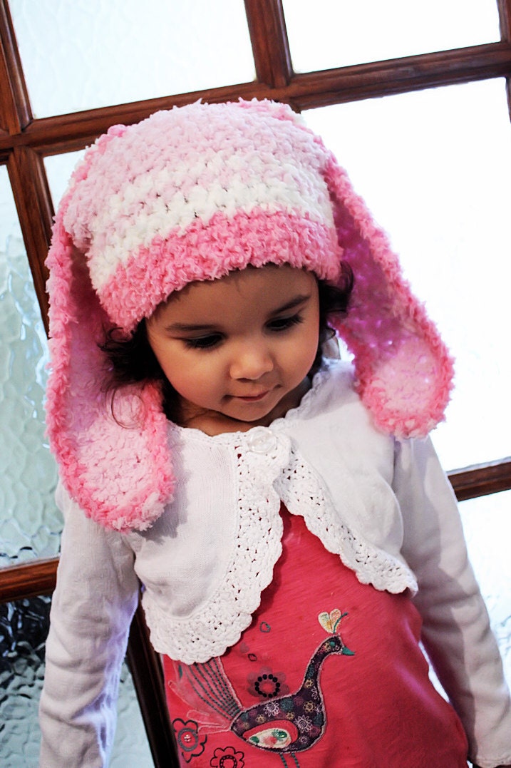 SALE 12 to 24m Girl Baby Bunny Hat Pink Stripe Hat Crochet Girl Toddler Hat in Candy Pink White Baby Pink Rabbit Baby Hat Photo Prop
