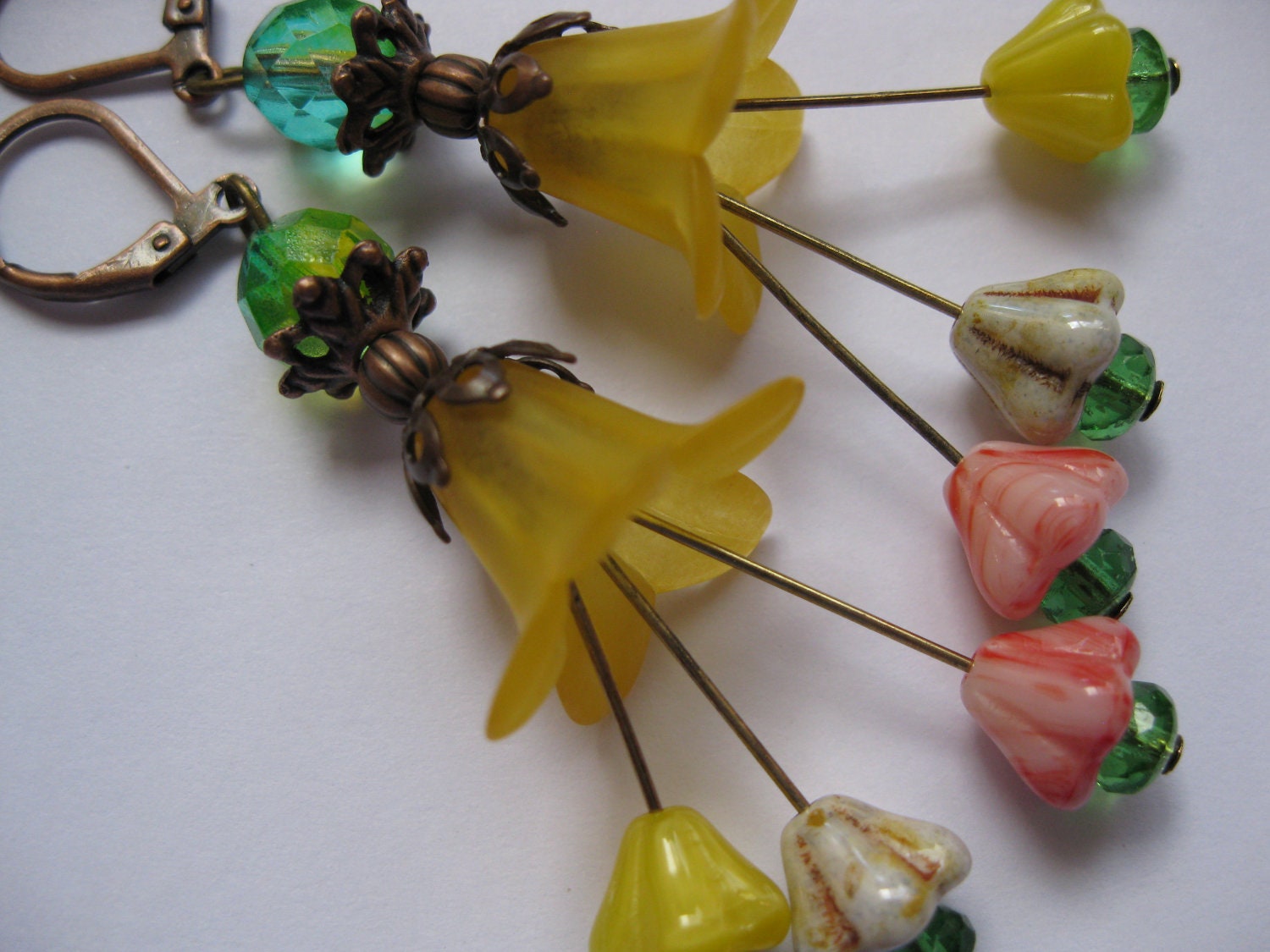 Yellow Flower Earrings with Copper and Flower Dangles