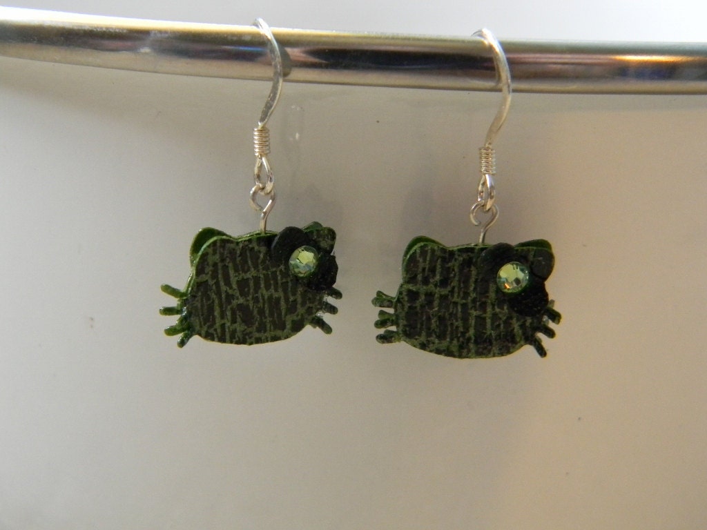 Zombie Hello Kitty Earrings - Paper Dangle Black and Green with Crystals