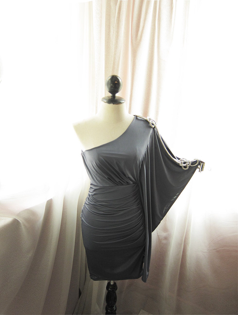 Gunmetal  Pewter Gray Ruched Toga Butterfly Wings Bombshell Mad Men Slinky Clubbing Embellished Snake Chain Dress
