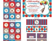DIY -  Printable: Curious George Party Set- Blue Red Yellow -  14 items (invitation, party circles, water bottle labels, banner and more)