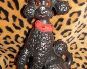 Large vintage 50's 60's chalkware black French poodle with red rhinestones collar MCM