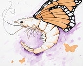Art print, butterflied shrimp: shrimp, monarch butterfly wings, purple, orange, giclee