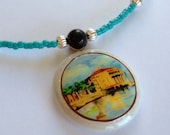 Catalina Island, Casino Miniature Watercolor Painting On Shell with Silver & Turquoise Glass Beads
