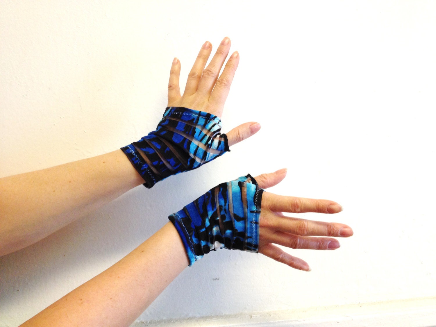 Animal print blue white black ombre tiger zebra stripes sheer Fingerless gloves goth glam dance burning man dance NYE wristlets