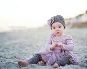 The Sofia Flower Beanie in Gray, Light Purple and Olive Green with Matching Leg Warmers Available in Newborn to Toddler Size- MADE TO ORDER